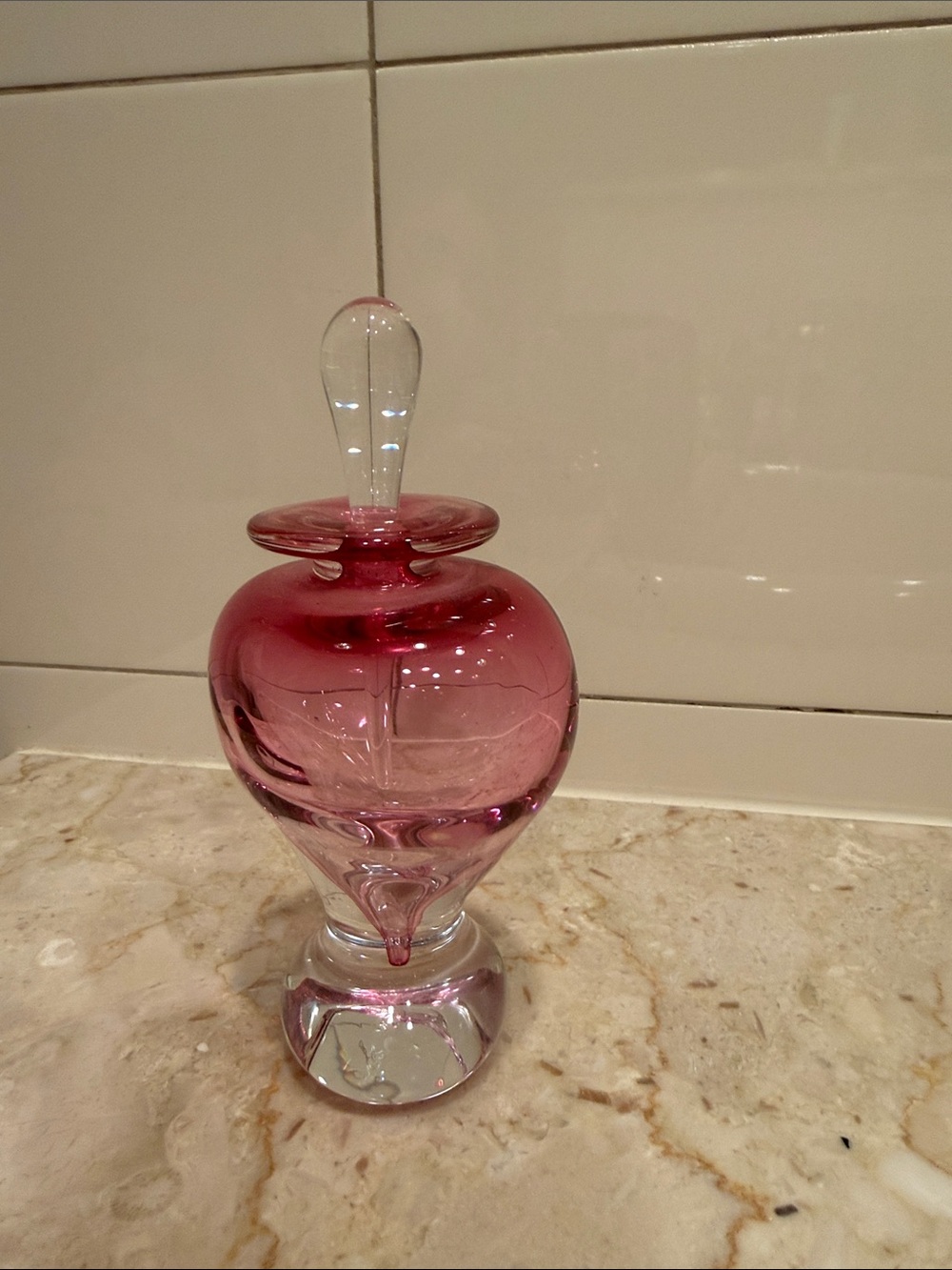 Handblown Pink Glass Decorative bottle with perfume stick